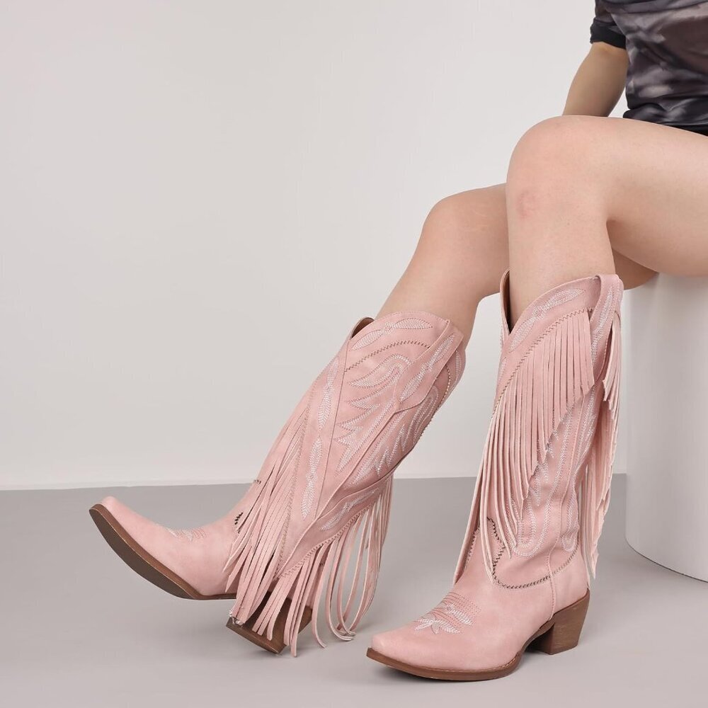 Women's Pink PU Pointed Toe Pull On Block Chunky Heel Embroidery Tassel Country - Picture 2 of 6